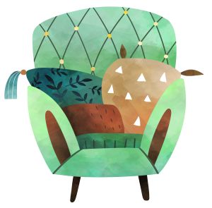 Watercolor art-styled clipart image of a comfortable green arm chair with brown and green pillows