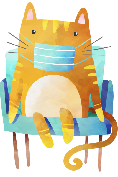 Clipart image of a cat sitting on a blue arm chair, wearing a face mask with a neutral facial expression